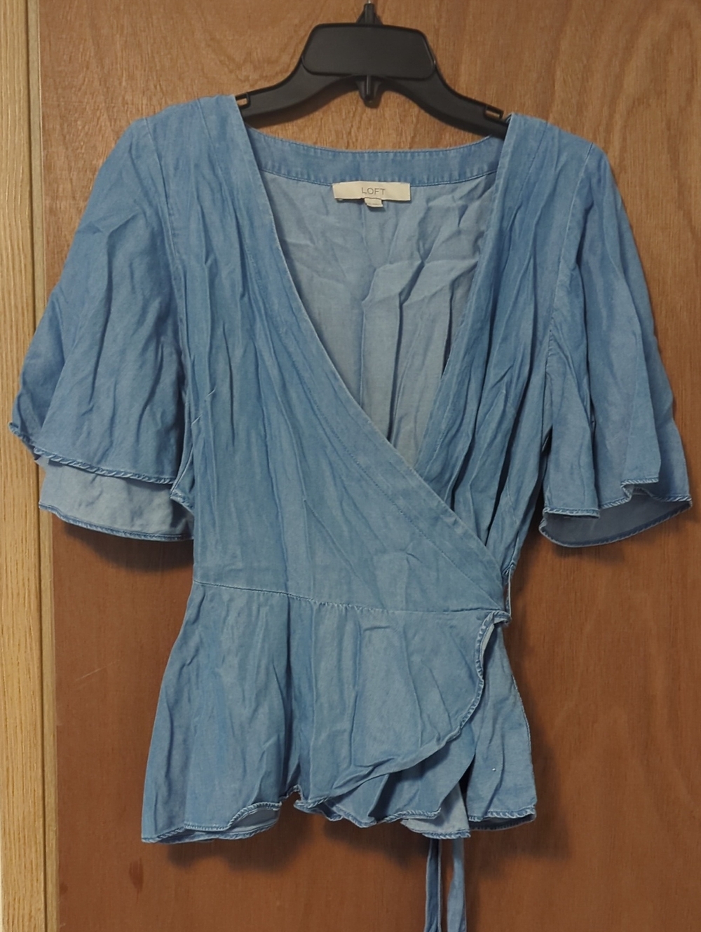 LOFT Chambray Blue Wrap Peplum Blouse